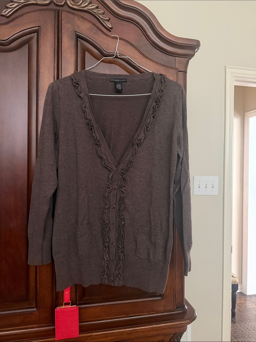 Design History Chocolate Brown Ruffle-Trim V-Neck Cardigan